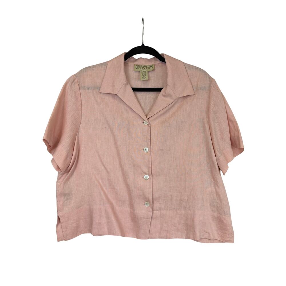 Vintage Jones New York Country Pink Linen Button Up Crop Shirt Size 16 Y2K